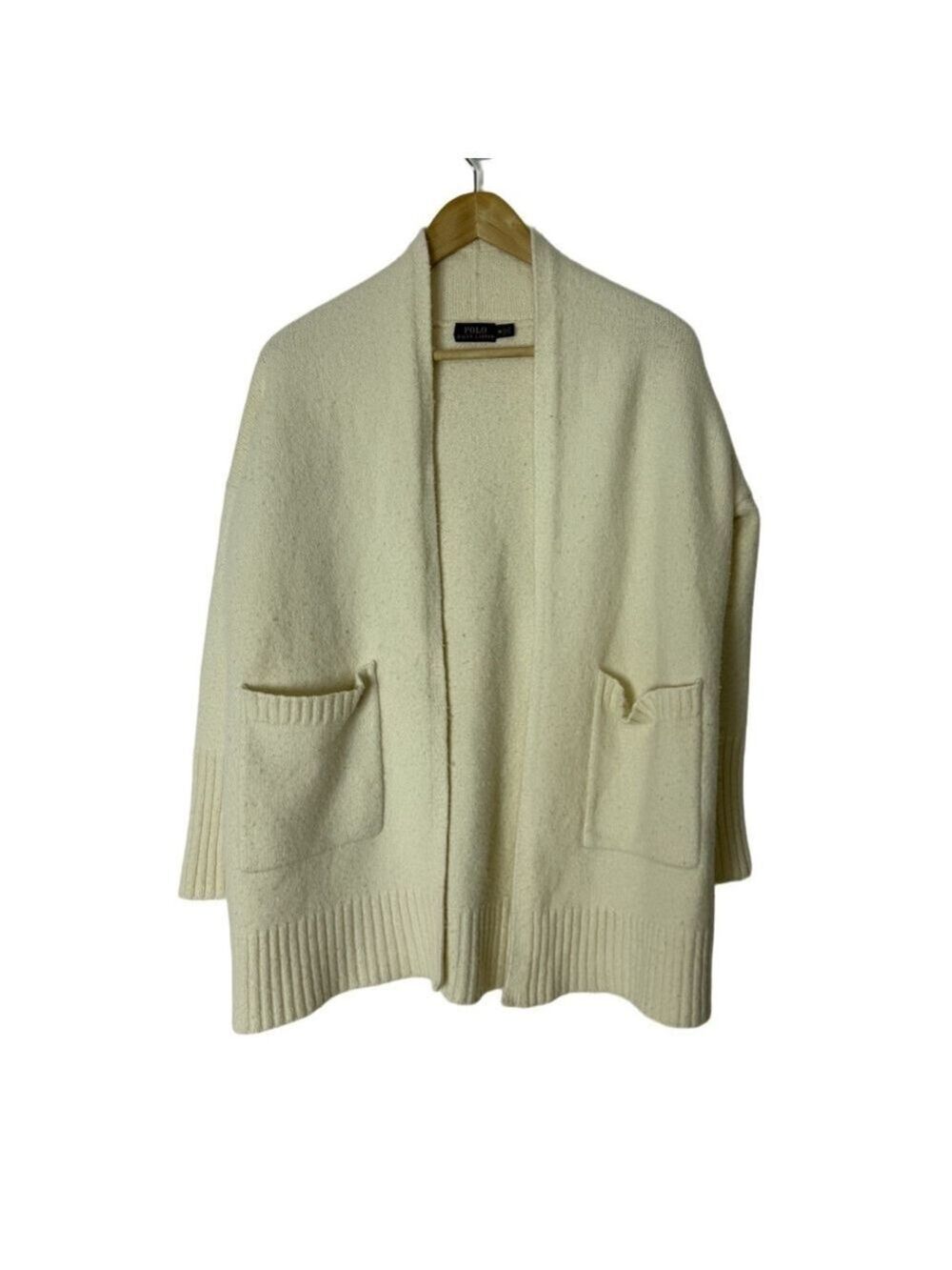 Polo Ralph Lauren Wool Open Front Cardigan Sweater Med Women Cream Pocket Preppy - Picture 2 of 10